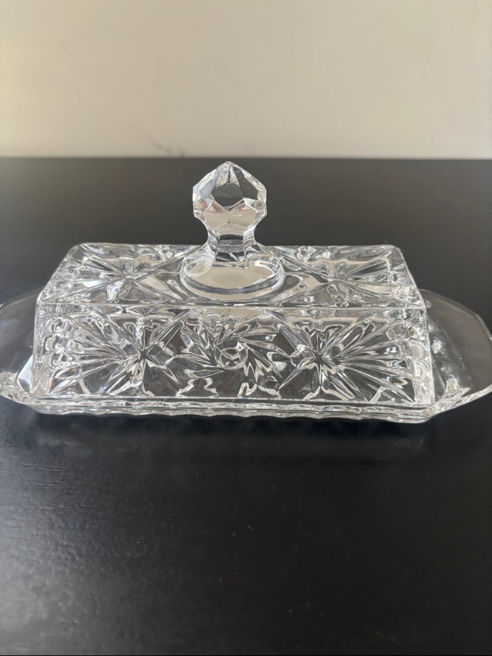 Pressed Glass Butter Dish with Starburst Pattern - Clear